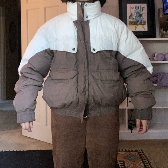 Men's Brown and White Puffer Jacket - Picture 1 of 5